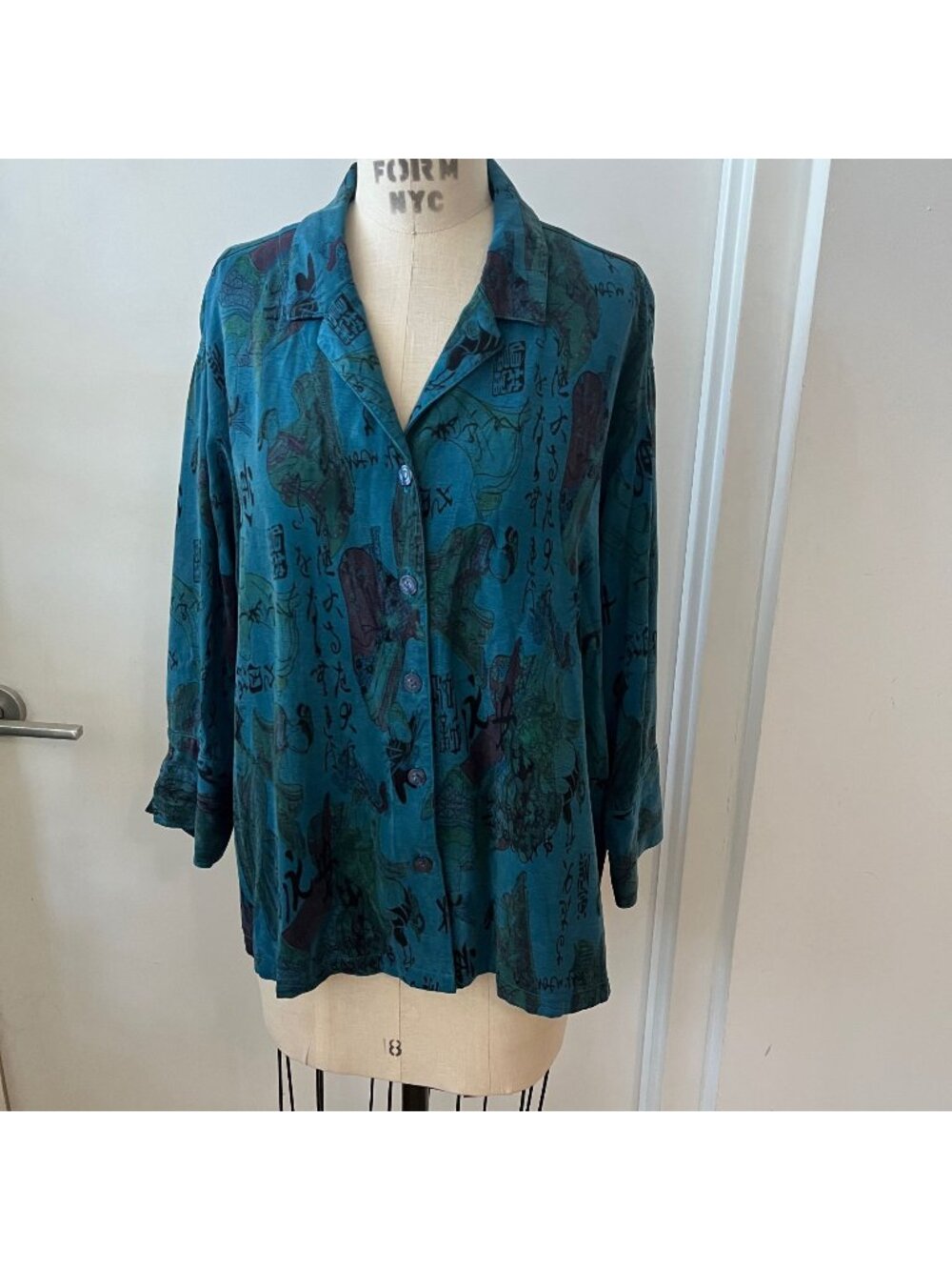 VTG TIANELLO Geisha  Inspired Blue‎ Lagenlook Aida Button Down  Shirt Size Small